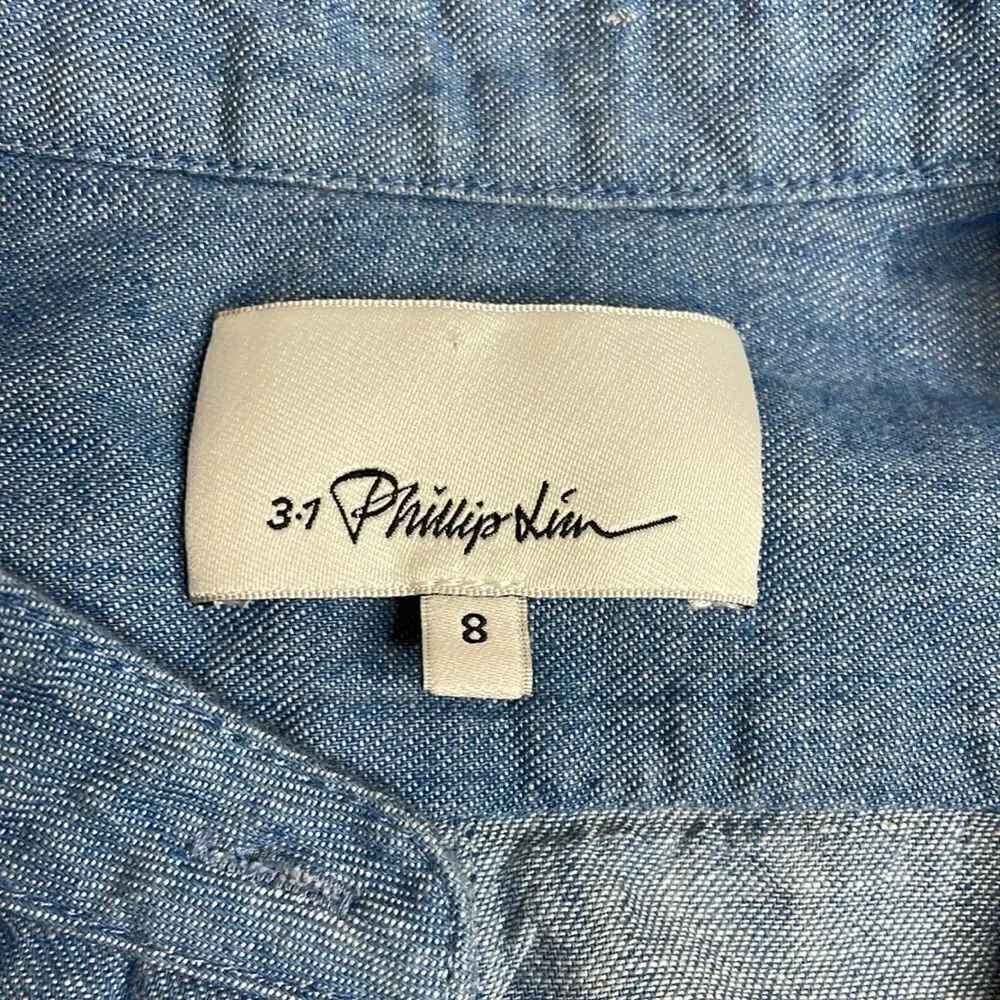 3.1 Phillip Lim Ruched Long Sleeve Denim Chambray Button Down Shirt Size 8
